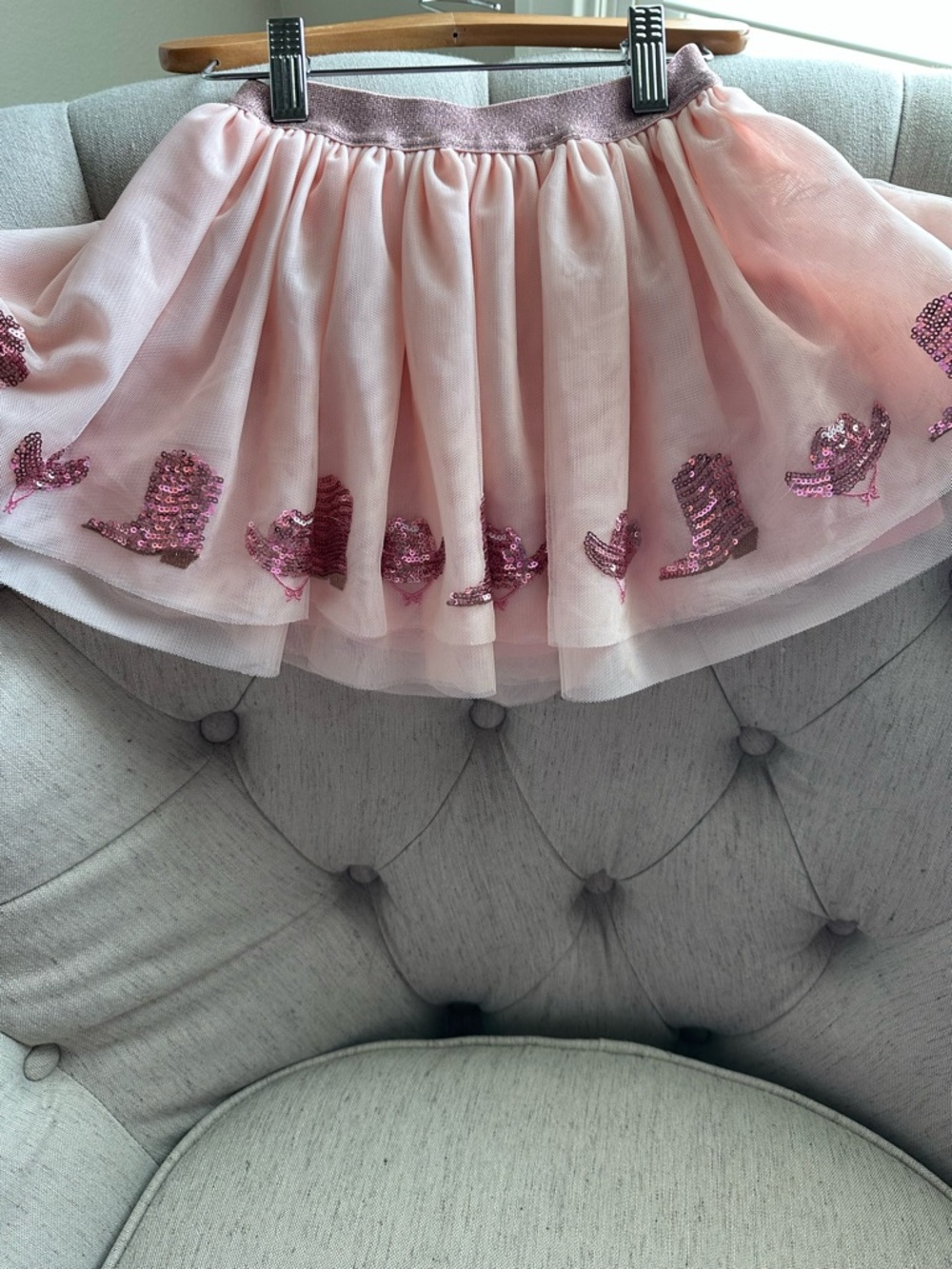 Angel Dear Pink Tulle Skirt with Sequin Boot Appliqués
